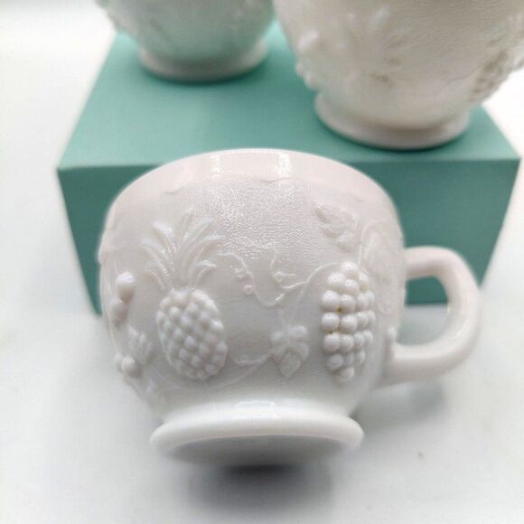 Vintage White Milk Glass Coffee Tea Punch Cup Fruits Pattern Westmoreland 1950s - Picture 2 of 12